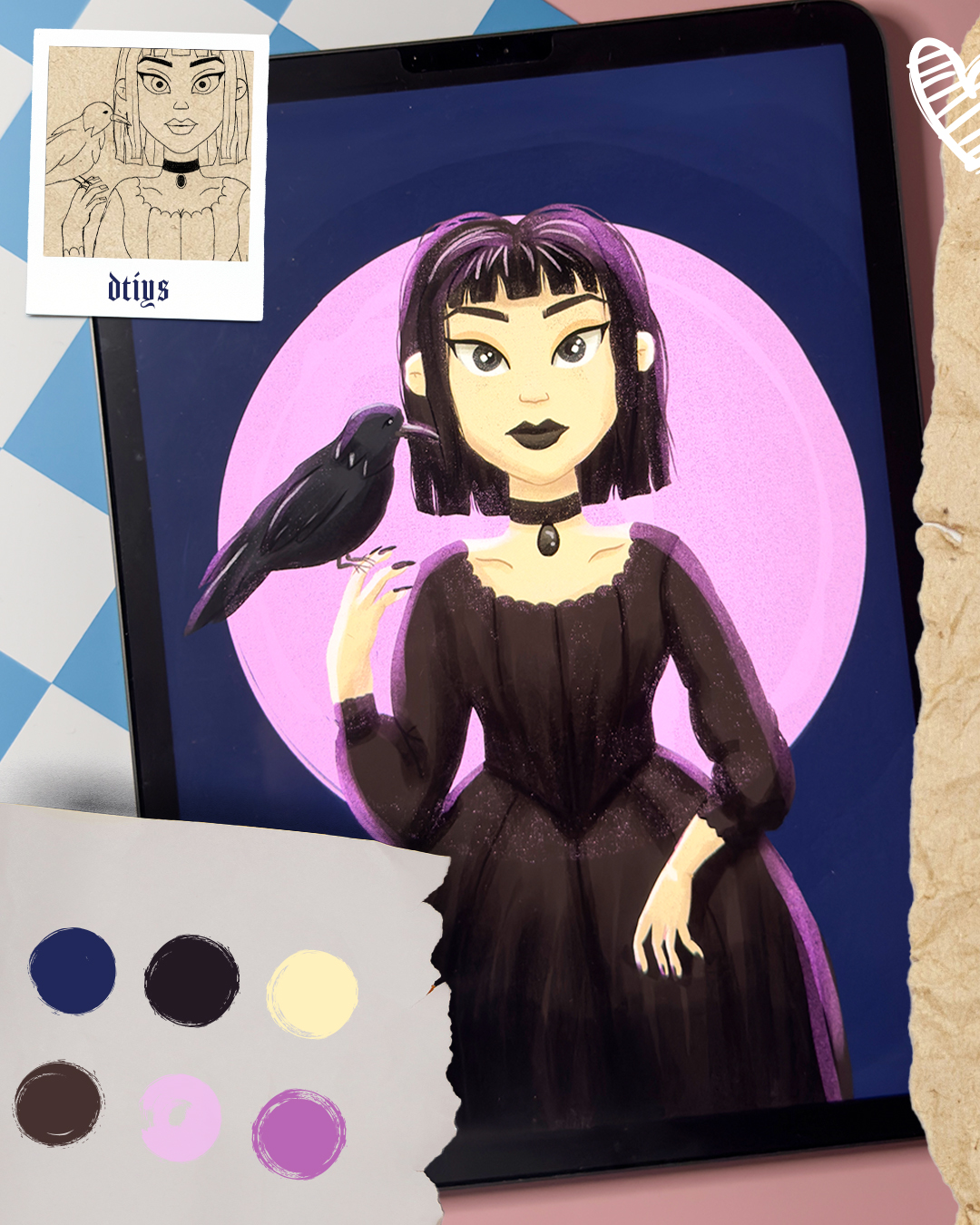 Digitale Illustration einer Frau in schwarzem Kleid mit einem Raben