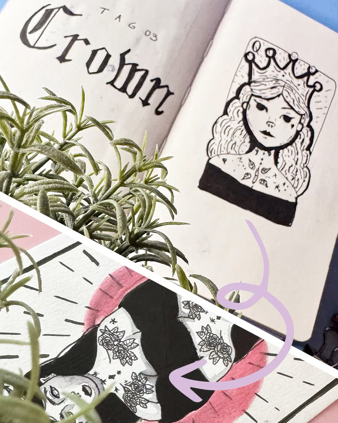 Skizzenbuchseiten mit einer gekrönten Figur und einer floralen Illustration